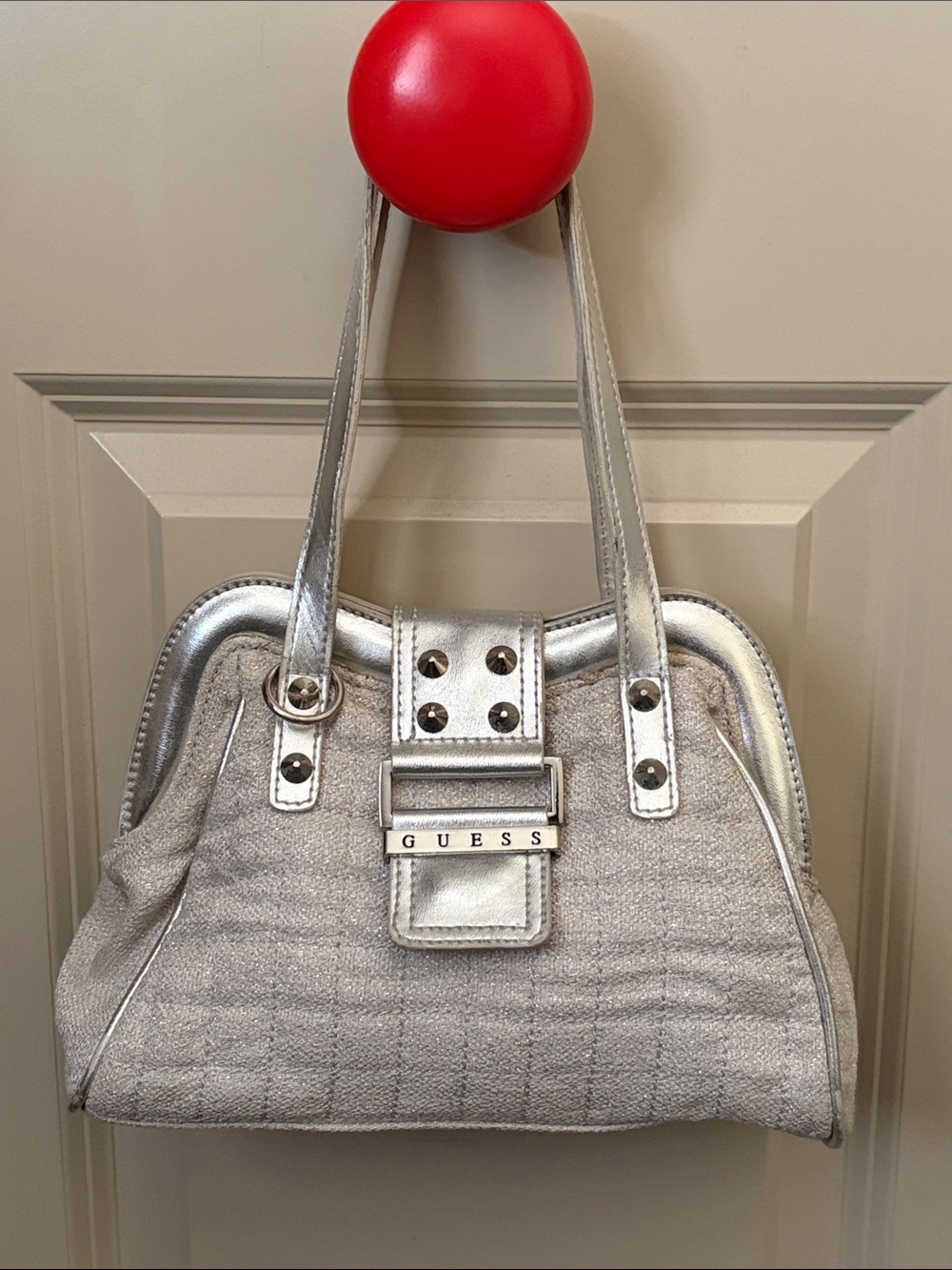 Guess Silver Metallic Studded Hand Bag